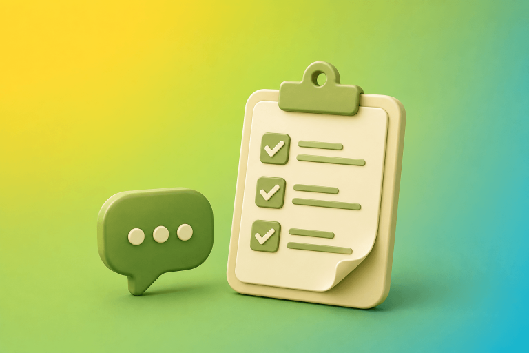 Green speech-bubble chat icon next to a beige clipboard with a green-ticked checklist, symbolizing messaging and tasks