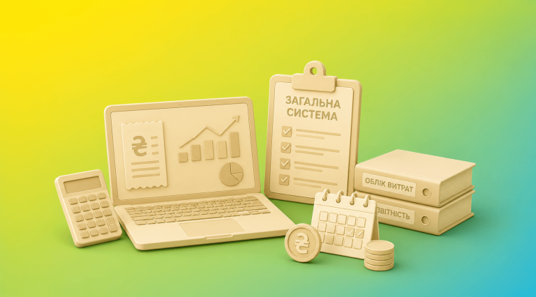 3D beige office scene with a laptop showing charts, a checklist clipboard, accounting books, calendar, coins and a currency symbol on a gradient background.