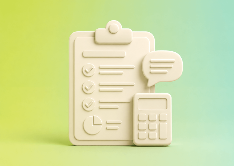 Beige clipboard with a checklist, speech bubble, and a calculator on a pastel gradient background.
