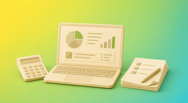 Beige 3D office desk scene with a laptop showing charts, a calculator, and a checklist notebook with a pen.