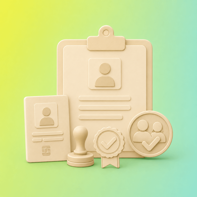 Beige 3D icons showing an ID card, clipboard, stamp, ribbon with a check, and a two-person badge on a pastel gradient background.