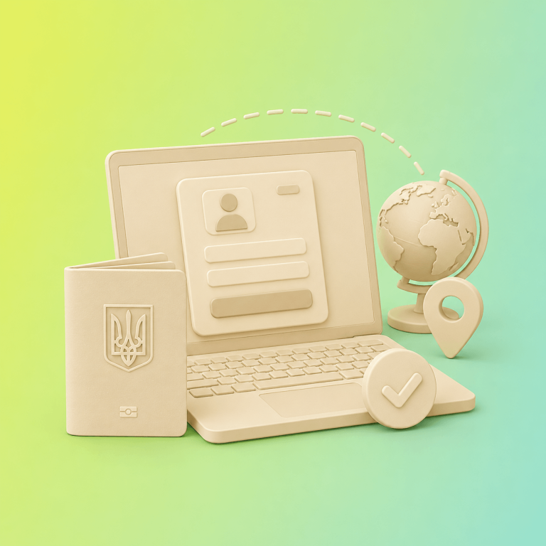 3D beige illustration of a laptop with a user profile on screen, a passport, globe, location pin, and a checkmark—symbolizing online identity verification for travel.