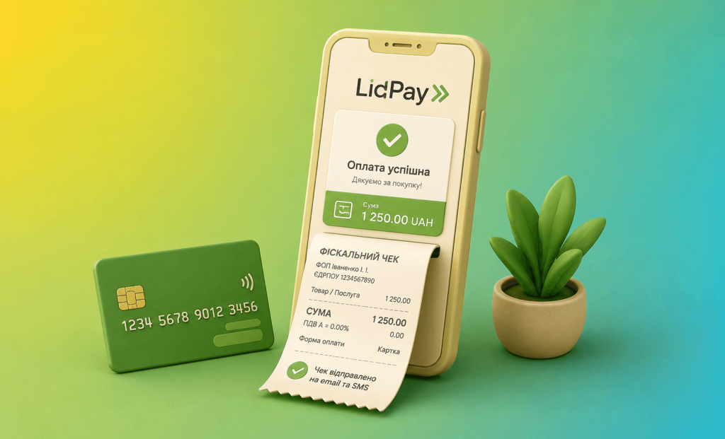Смартфон, на экране которого отображается квитанция LiqPay и зеленая платежная карта на фоне с градиентом, рядом — небольшое растение в горшке (сцена оплаты).