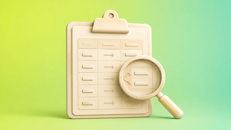Clipboard with a grid schedule and a magnifying glass focusing on a section of arrows indicating workflow.