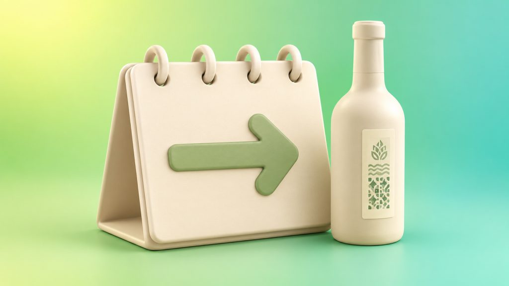 Календар зі стрілкою перенесення поруч із пляшкою: нові строки запуску е-Акцизу