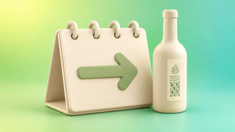 Календар зі стрілкою перенесення поруч із пляшкою: нові строки запуску е-Акцизу
